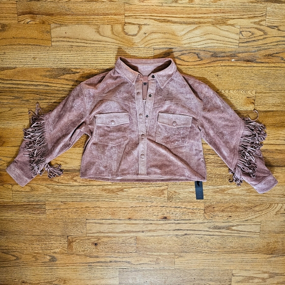 NWT Blank NYC Size M Faux Suede Pink Fringe Jacket Collared Cropped Western - Picture 3 of 10
